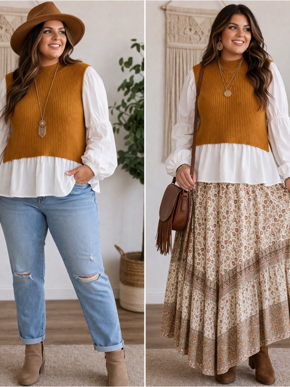 Cato Mustard Ribbed Knit Vest Layering Top with White Peplum Blouse